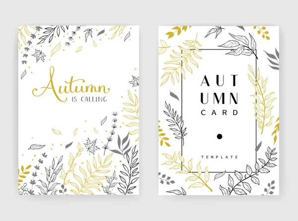 Gold color invitation with floral branches. Autumn cards templates for save the date, wedding invites, greeting cards — Stock Vector