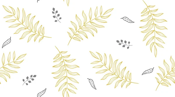Sömlösa mönster med guldfärgade palmblad, svart ut linje löv i vektor — Stock vektor