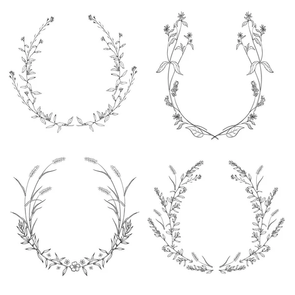 Collection de cadres floraux en noir et blanc dans le style ligne. Ensemble de feuilles rétro mignon arrangé sur une forme de la couronne — Image vectorielle