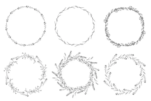 Collection de cadres floraux en noir et blanc dans le style ligne. Ensemble de feuilles rétro mignon arrangé sur une forme de la couronne — Image vectorielle