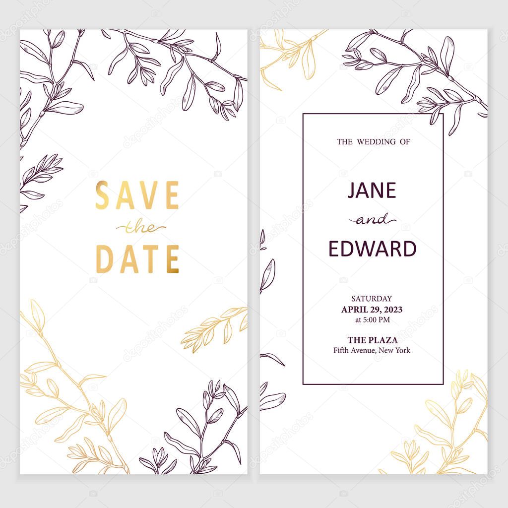 Floral vector card, wedding invitation. Can be used for - save the date, mothers day, valentines day, birthday cards.
