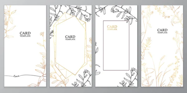 Conjunto de tarjetas vectoriales florales, tarjetas de invitación y felicitación. Patrón de hierbas de línea de oro y negro dibujado a mano sobre fondo blanco — Vector de stock
