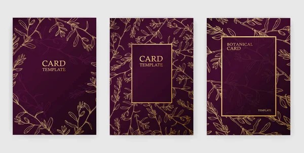 Floral vector kaartenset, uitnodiging en wenskaarten. Hand getrokken gouden lijn kruid patroon op donkere achtergrond — Stockvector