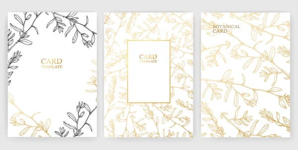 Ensemble de cartes vectorielles florales, cartes d'invitation et de vœux. Dessiné à la main motif d'herbes en or et ligne noire sur fond blanc — Image vectorielle