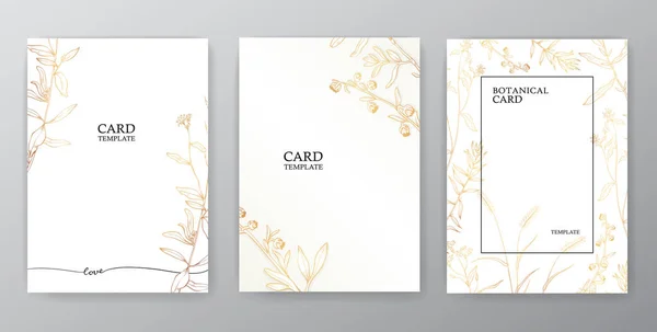 Conjunto de tarjetas vectoriales florales, tarjetas de invitación y felicitación. Patrón de hierba de línea de oro dibujado a mano sobre fondo blanco — Vector de stock