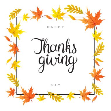 Elle çizilmiş sonbahar yaprakları ve dalları beyaz arka plan üzerinde izole ile Mutlu şükran metin.