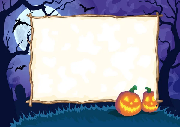 Halloween nacht frame met maan en Jack O ' lantaarns. Vector poster illustratie. — Stockvector
