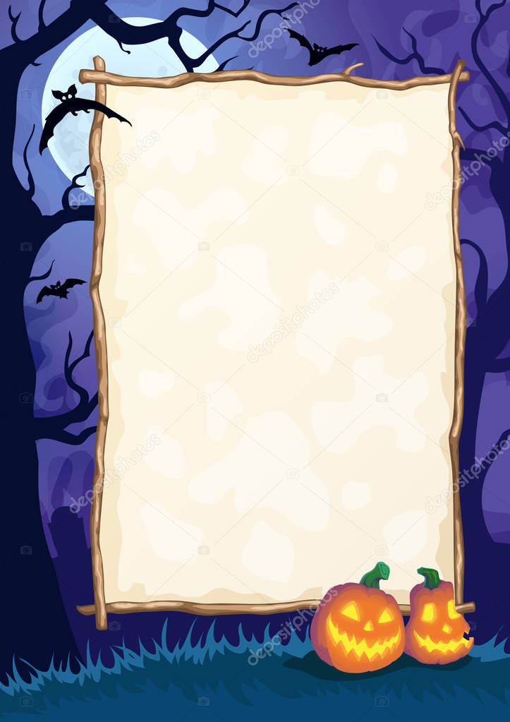 Halloween night frame with Moon and Jack O' Lanterns. Vector poster illustration.