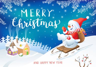 Kardan adam ile sevimli Noel tebrik kartı. Tebrik yeni yıl illüstrasyon