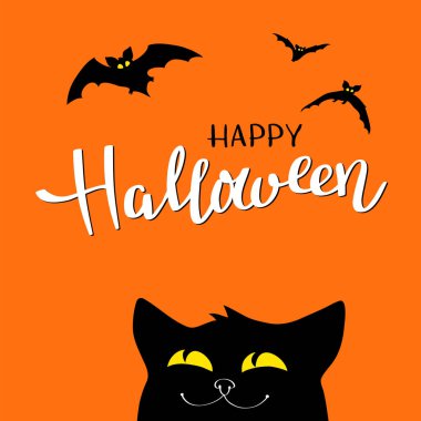 Yarasalar ve siyah kedi ile Cadılar Bayramı gece arka plan. Vektör çizimi.