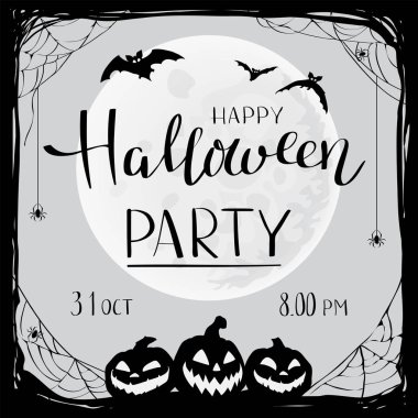 Koyu arka planda gülümseyen kabaklar ile Vektör poster illüstrasyon. Cadılar Bayramı parti davetiyesi.