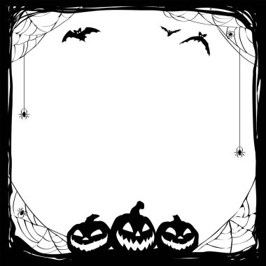 Yarasalar ve Jack O 'Fenerler ile Halloween siyah çerçeve. Vektör poster illüstrasyon.