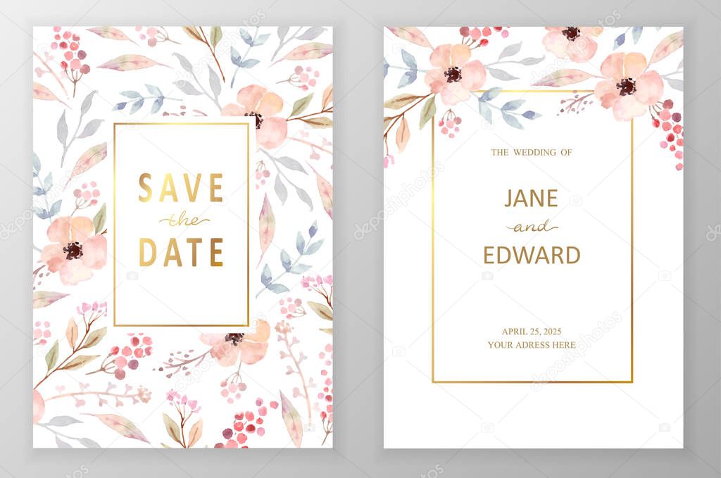 Vintage vector card, wedding invitation with watercolor flowers on white background.