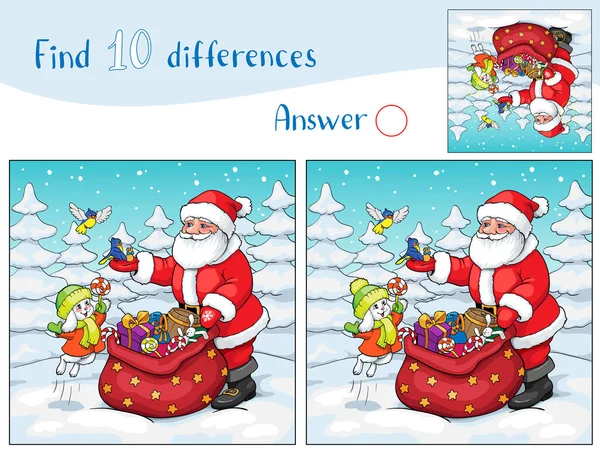 Weihnachtsmann, Hase und Vögel mit Weihnachtsgeschenken. 10 Unterschiede finden. — Stockvektor