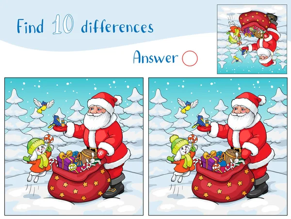 Noel Baba, tavşan ve Noel hediyeli kuşlar. 10 farklılık bul.