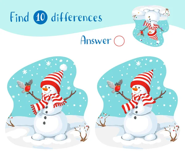 Ilustración con muñecos de nieve, pinzón y nevadas. Encontrar 10 diferencias . — Vector de stock