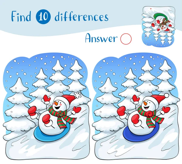 Muñeco de nieve en trineo con regalos de Navidad. Encontrar 10 diferencias . — Vector de stock