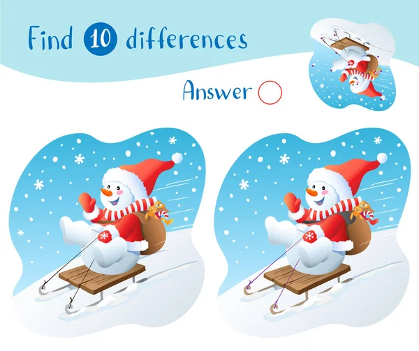 Muñeco de nieve en trineo con regalos de Navidad. Encontrar 10 diferencias . — Vector de stock