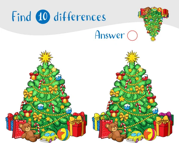 Árbol de Navidad con decoraciones y regalos. Encontrar 10 diferencias . — Vector de stock
