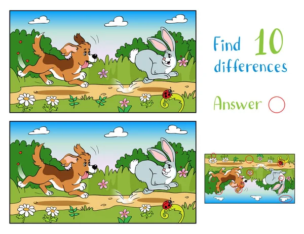 Perro en el prado persiguiendo a un conejo. Encontrar 10 diferencias . — Vector de stock