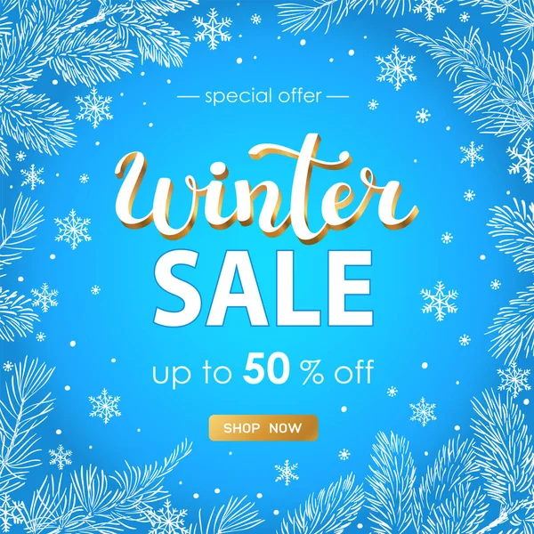 Venta de invierno cartel vectorial con texto de descuento y elementos de nieve para la promoción de compras . — Vector de stock