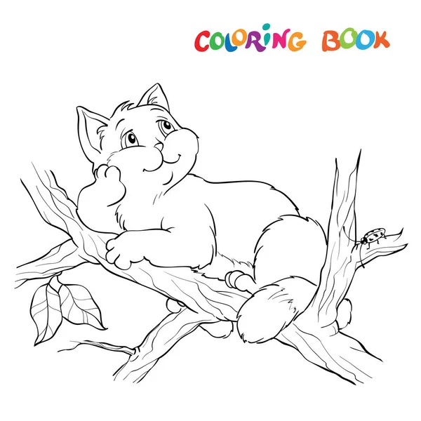 Libro Colorare Pagina Illustrazione Con Gatto Divertente Seduto Ramo Albero — Vettoriale Stock