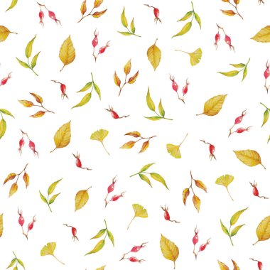 Sonbahar yapraklı suluboya desenli vektör. Çiçekli arka plan tasarımı. Sonbahar yaprakları beyazda kesilir
