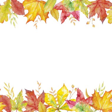 Bitkisel karışım vektör çerçevesi. Suluboya bitkiler, dallar ve yapraklar beyaz arka planda. Tatil, kutlama ve davetiye için doğal sonbahar tasarımı.