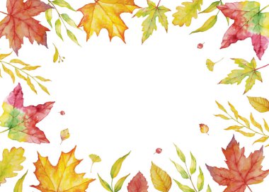 Bitkisel karışım vektör çerçevesi. Suluboya bitkiler, dallar ve yapraklar beyaz arka planda. Tatil, kutlama ve davetiye için doğal sonbahar tasarımı.