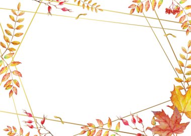 Bitkisel karışım vektör çerçevesi. Suluboya bitkiler, dallar ve yapraklar beyaz arka planda. Tatil, kutlama ve davetiye için doğal sonbahar tasarımı.