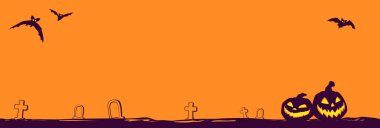 Cadılar Bayramı gecesi arka planında yarasalar ve balkabağı Jack O 'Lanternleri var. Metnin için yer alan vektör poster illüstrasyonu.