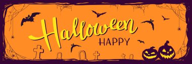 Cadılar Bayramı gecesi arka planında yarasalar ve balkabağı Jack O 'Lanternleri var. Turuncu arka planda gülümseyen balkabakları olan vektör posteri çizimi.