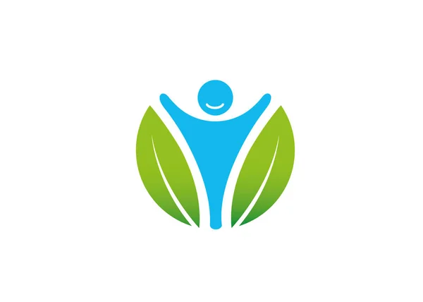 Logo Del Cuerpo Persona Feliz Hoja Creativa — Vector de stock