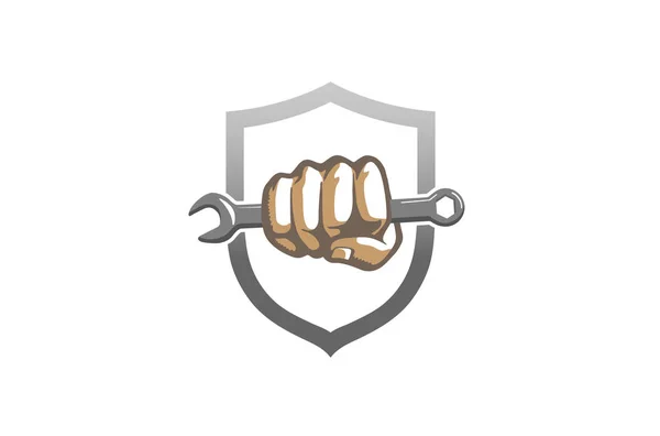 クリエイティブレンチ拳シールドロゴデザインシンボルベクトルイラスト — ストックベクタ