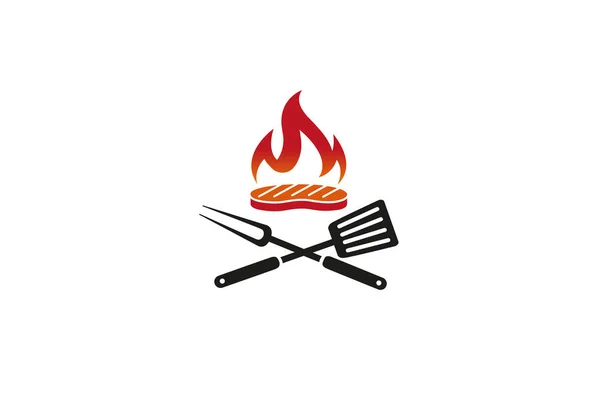 Creative Barbecue Steak Kitchen Utensils Fire Logo Design Symbol Vector — Stock Vector