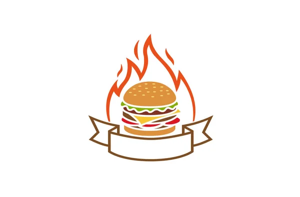 Creatieve Hamburger Fire Label Logo Ontwerp Symbool Vector Illustratie — Stockvector