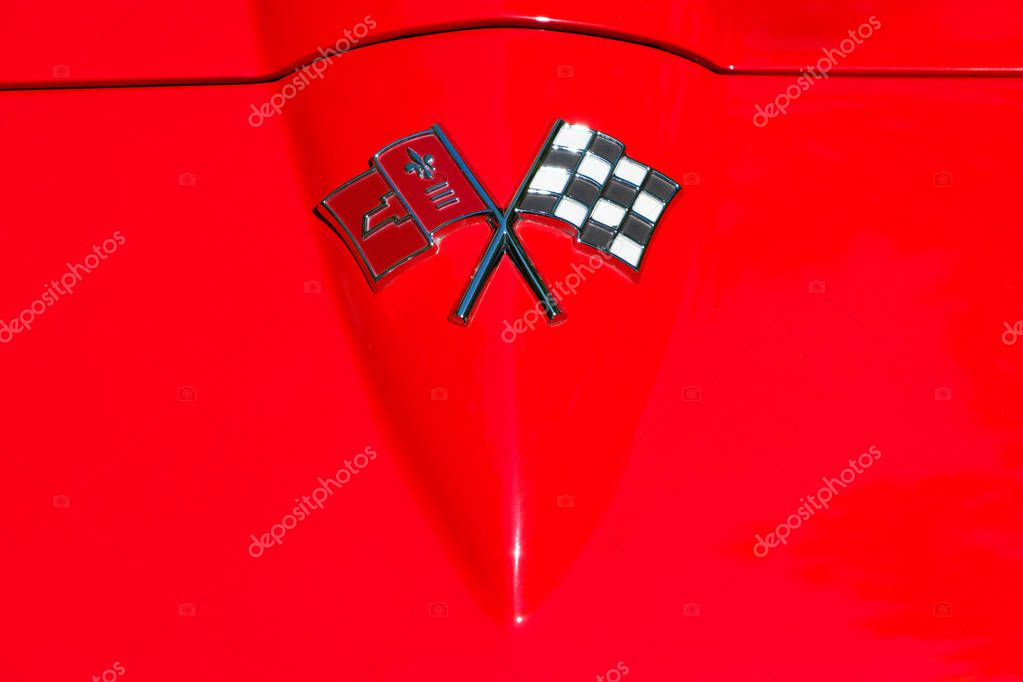Berlin, Germany - june 09, 2018: Old STINGRAY flag logo design / brand emblem closeup at Oldtimer automobile and vintage car event in Berlin, Germany