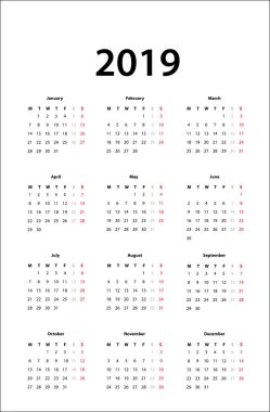 2019 - basit takvimi şablonunu 2019 için Takvim  