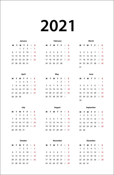Calendario 2021 Plantilla Calendario Simple Para 2021 — Archivo Imágenes Vectoriales