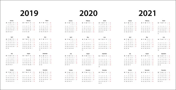 Modello Calendario Semplice 2019 2020 2021 — Vettoriale Stock