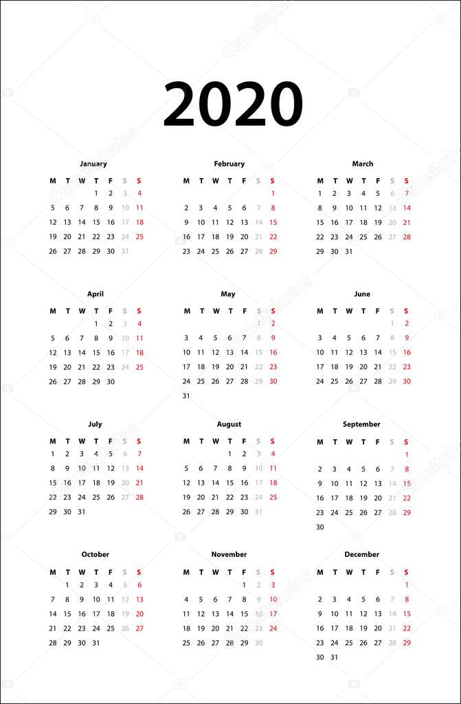 Calendar 2020 Simple Calendar Template 2020 — Stock Vector