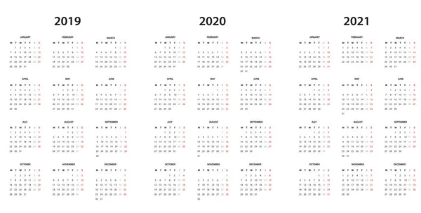 2019年 2020年和2021年日历 简单模板 — 图库矢量图片