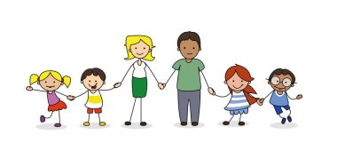 Aile el ele tutuşuyor, çocuklar ve ebeveynler resim çiziyor