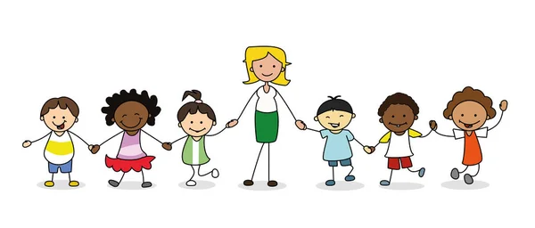 Παιδιά Στο Νηπιαγωγείο Ομάδα Παιδιών Γυναίκα Δασκάλα Που Κρατιούνται Χέρι — Διανυσματικό Αρχείο