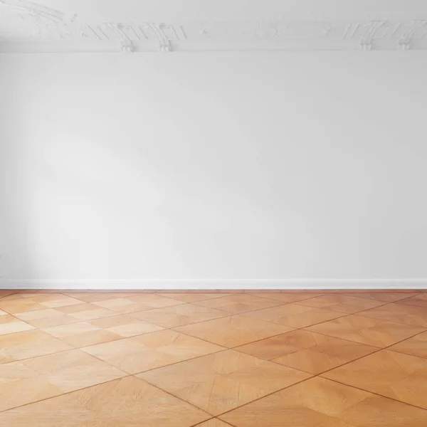 White Wall Wooden Parquet Floor Empty Room Real Estate Background — Stock Photo, Image