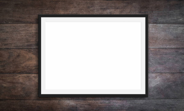 Black frame on wooden background -blank picture design mockup -