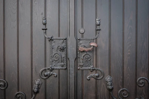 Zbliżenie Uchwyt Kute Metalowe Drzwi Budynku Kościoła — Zdjęcie stockowe