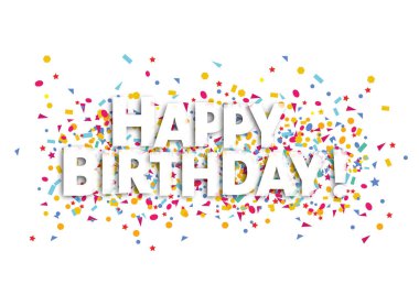 Mutlu yıllar sana, beyaz mesaj ve konfeti.