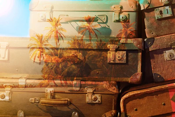 travel concept -vintage suitcase and palm tree island double exp