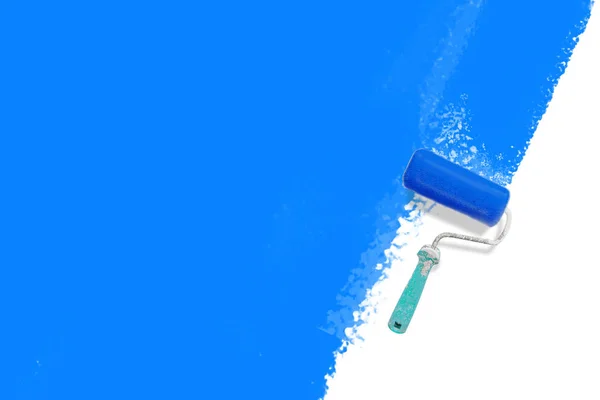 Paint roller brush with blue paint track mockup. Creative home — Stock Photo, Image